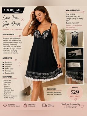 Adore Me Black Slip Chemise with White Ruffle Hem